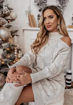 Sukienka Sweter Z Wycieciami Na Ramionach Tendre Bezowa