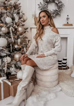 Sukienka Sweter Z Wycieciami Na Ramionach Tendre Bezowa