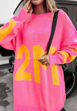 Sweter Oversize Numbers And Letters Neonowy Rozowy