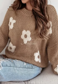 Sweter Oversize W Kwiaty Be My Flower Camelowy