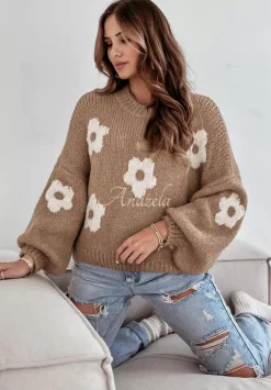 Sweter Oversize W Kwiaty Be My Flower Camelowy