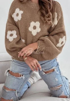 Sweter Oversize W Kwiaty Be My Flower Camelowy