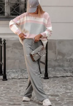 Sweter Oversize W Paski Cocomore Inner Peace Pudrowy Roz