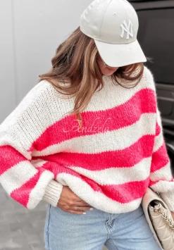 Sweter Oversize W Paski Luciano Rozowy