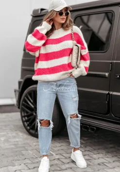 Sweter Oversize W Paski Luciano Rozowy