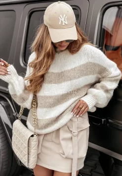 Sweter Oversize W Paski Luciano Bezowy