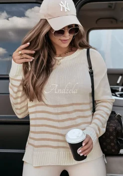 Sweter Oversize W Paski Mellow Time Bezowy