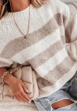 Sweter Oversize W Paski Newport Bezowy