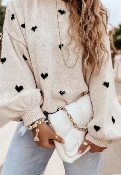 Sweter Oversize W Serduszka Show Me Love Bezowo-Czarny