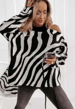 Sweter Oversize W Zebre Savania Bialy