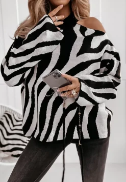 Sweter Oversize W Zebre Savania Bialy