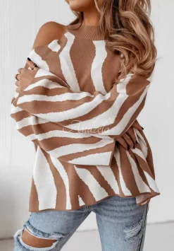 Sweter Oversize W Zebre Savania Camelowo-Bialy