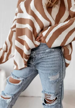 Sweter Oversize W Zebre Savania Camelowo-Bialy