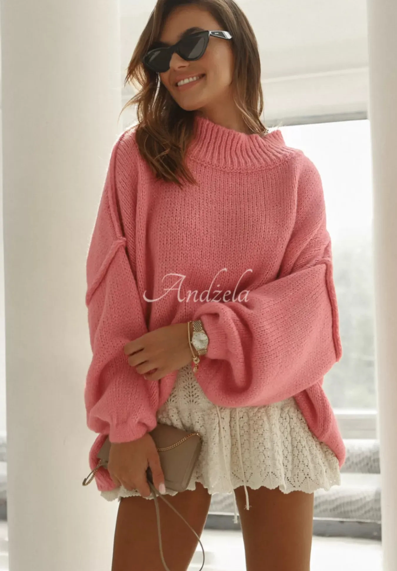 Sweter Oversize Z Bufkami Cocomore Corazon Rozowy