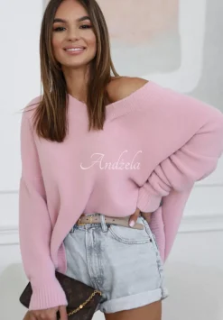 Sweter Oversize Z Dekoltem Cocomore Marshmallow Touch Pudrowy Roz