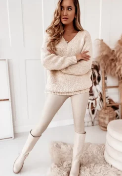 Sweter Oversize Z Dekoltem W Serek Cocomore Benzo Bezowy