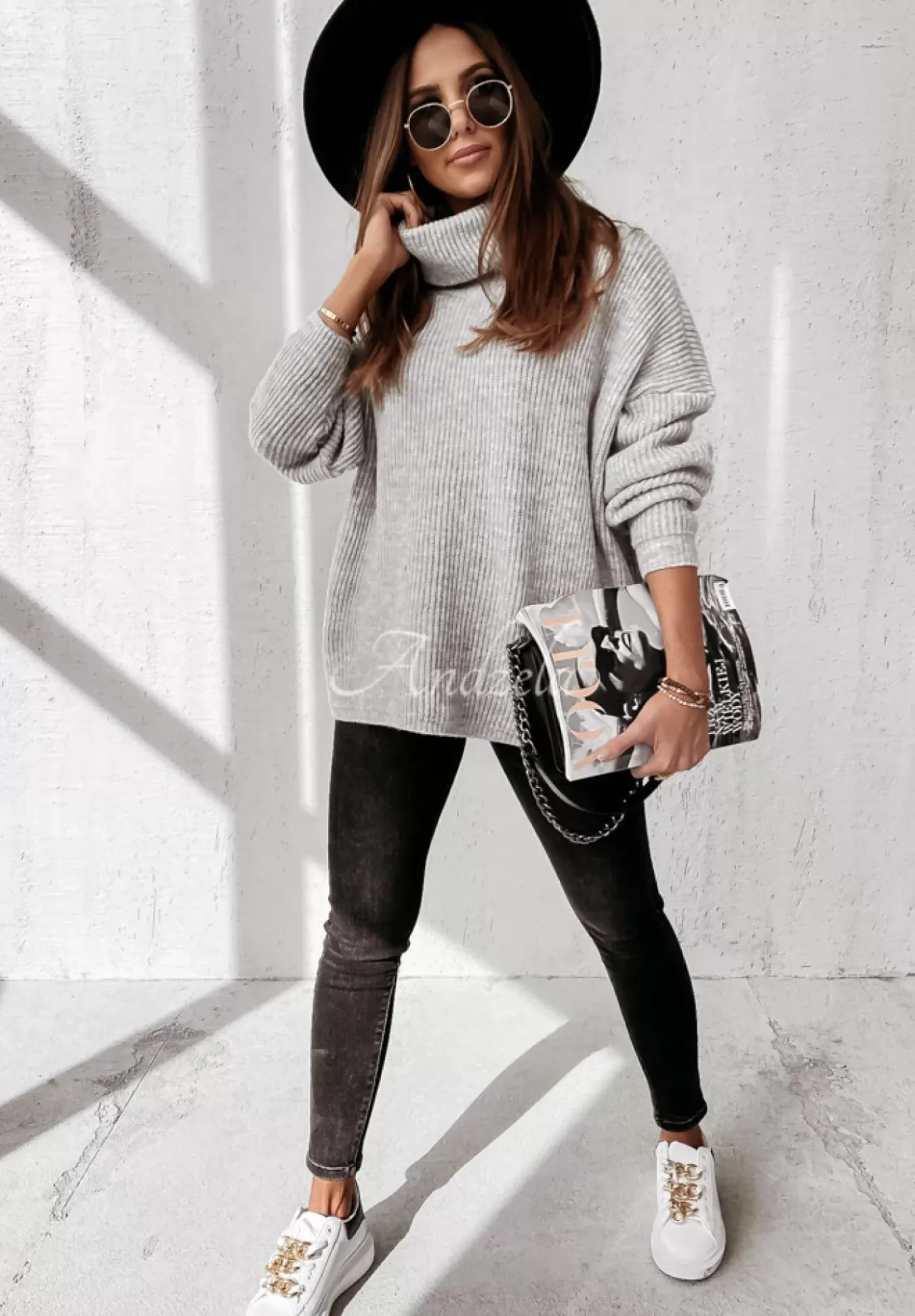 Sweter Oversize Z Golfem Fuller Szary