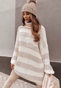 Sweter Oversize Z Golfem W Paski Bernard Bezowy