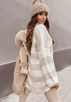 Sweter Oversize Z Golfem W Paski Bernard Bezowy