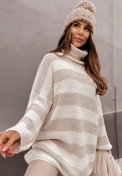Sweter Oversize Z Golfem W Paski Bernard Bezowy