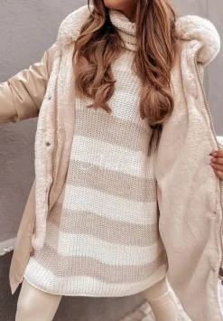 Sweter Oversize Z Golfem W Paski Bernard Bezowy