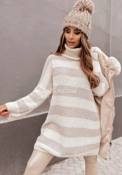 Sweter Oversize Z Golfem W Paski Bernard Bezowy