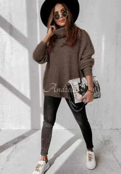 Sweter Oversize Z Golfem Fuller Czekoladowy