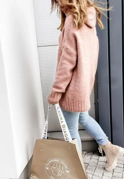 Sweter Oversize Z Kapturem Carra Pudrowy Roz