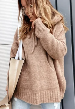 Sweter Oversize Z Kapturem Carra Camelowy