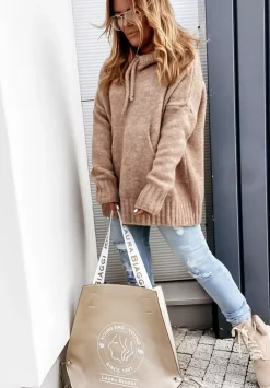 Sweter Oversize Z Kapturem Carra Camelowy