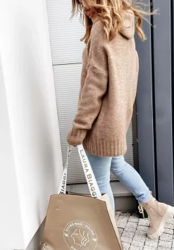 Sweter Oversize Z Kapturem Carra Camelowy