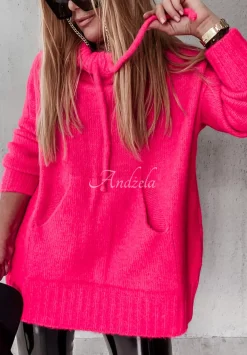 Sweter Oversize Z Kapturem Carra Neonowy Rozowy