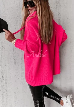 Sweter Oversize Z Kapturem Carra Neonowy Rozowy