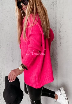 Sweter Oversize Z Kapturem Carra Neonowy Rozowy