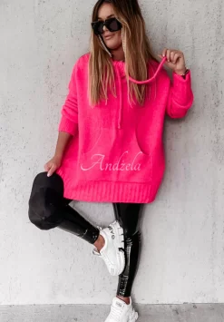 Sweter Oversize Z Kapturem Carra Neonowy Rozowy