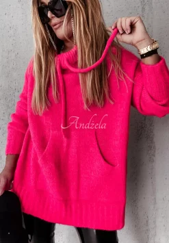 Sweter Oversize Z Kapturem Carra Neonowy Rozowy