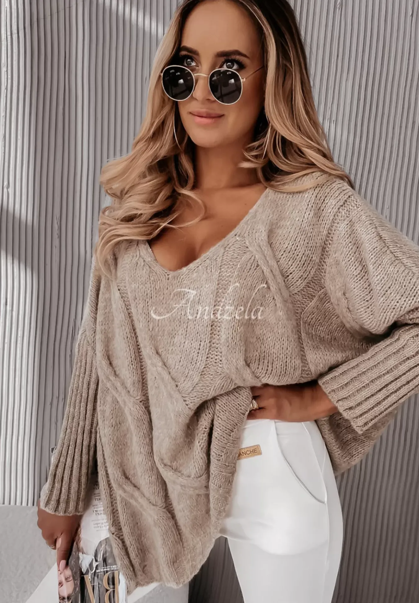 Sweter Oversize Z Ozdobnym Splotem Morley Mokka