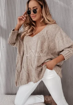 Sweter Oversize Z Ozdobnym Splotem Morley Mokka