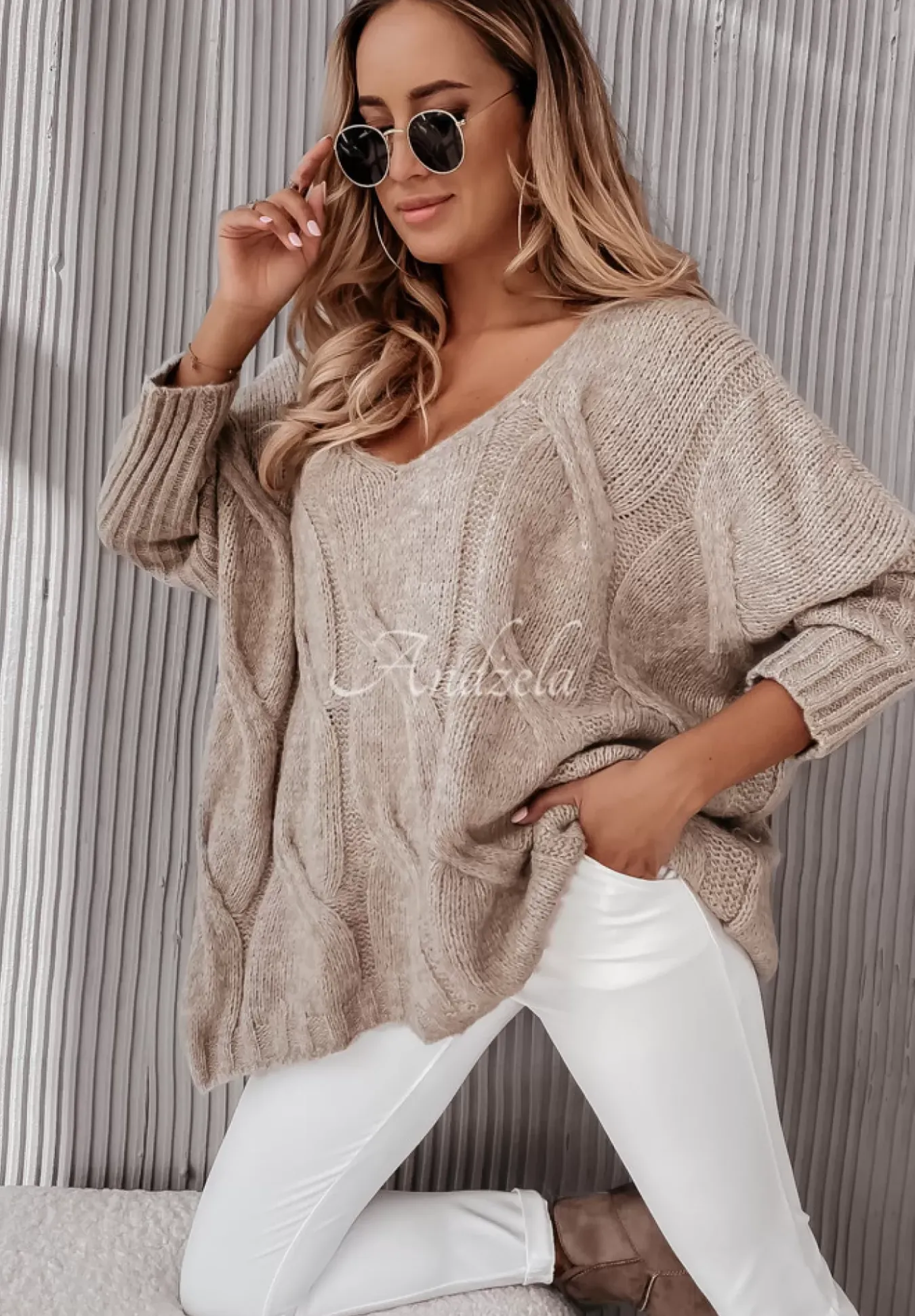 Sweter Oversize Z Ozdobnym Splotem Morley Mokka