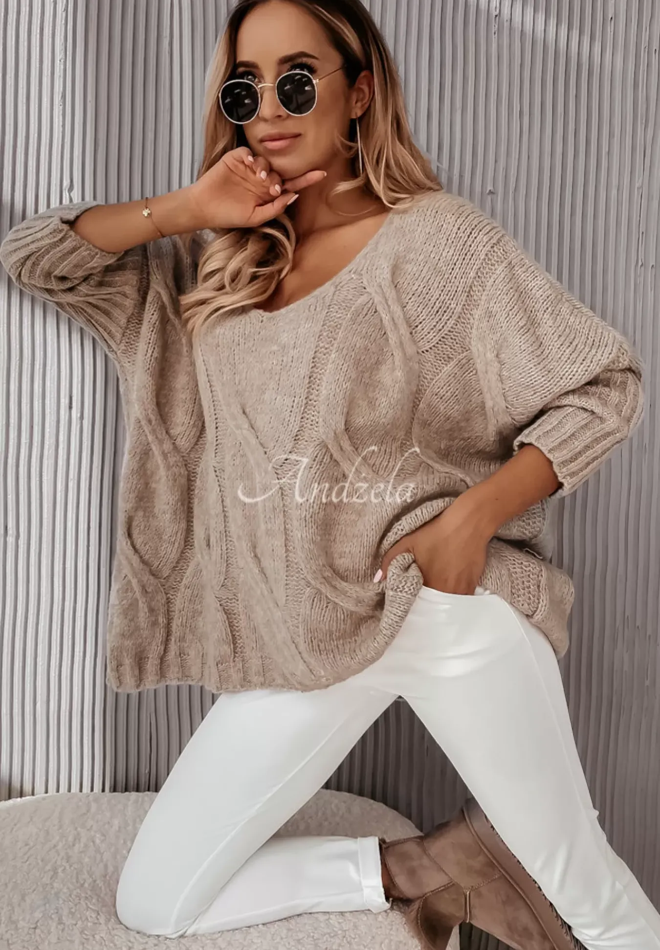 Sweter Oversize Z Ozdobnym Splotem Morley Mokka
