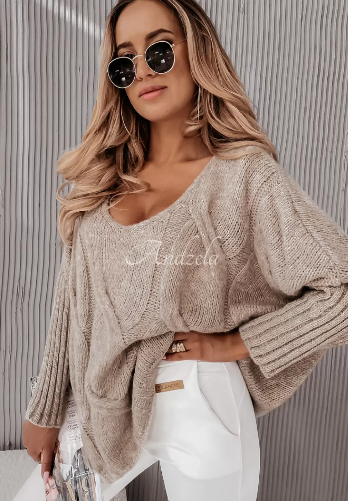 Sweter Oversize Z Ozdobnym Splotem Morley Mokka