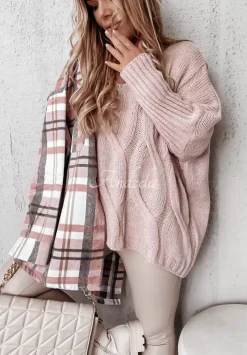 Sweter Oversize Z Ozdobnym Splotem Morley Pudrowy Roz