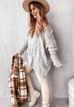 Sweter Oversize Z Ozdobnym Splotem Morley Szary
