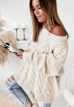 Sweter Oversize Z Ozdobnym Splotem Cocomore Tressa Ecru