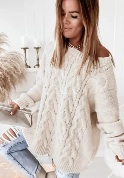 Sweter Oversize Z Ozdobnym Splotem Cocomore Tressa Ecru