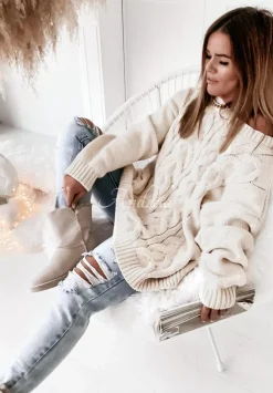 Sweter Oversize Z Ozdobnym Splotem Cocomore Tressa Ecru