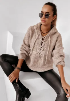 Sweter Oversize Ze Sznurowaniem I Kapturem Laossi Bezowy