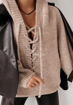 Sweter Oversize Ze Sznurowaniem I Kapturem Laossi Bezowy