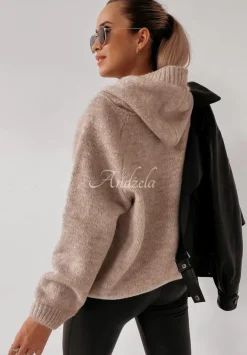 Sweter Oversize Ze Sznurowaniem I Kapturem Laossi Bezowy
