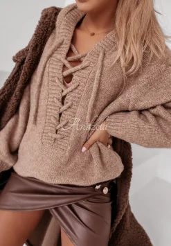 Sweter Oversize Ze Sznurowaniem I Kapturem Laossi Camelowy